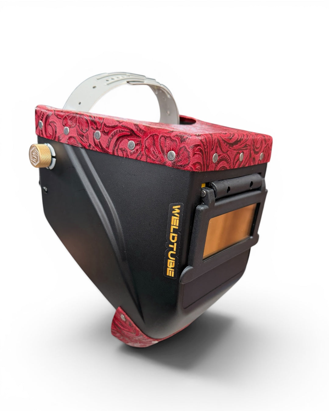 Chopped Leather Top LOWPRO Welding Helmet WITH FIBRE-METAL HEADGEAR, GOATEE BIB, Aluminum Fasteners & High Visibility HD Lens