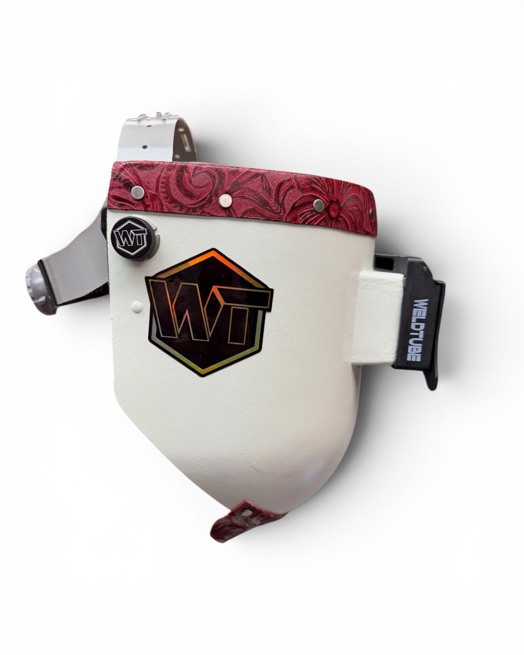Chopped Leather Top PIPELINER Welding Helmet, MEDIUM CUT Bottom with GOATEE BIB, Aluminum Fasteners & High Visibility Lens