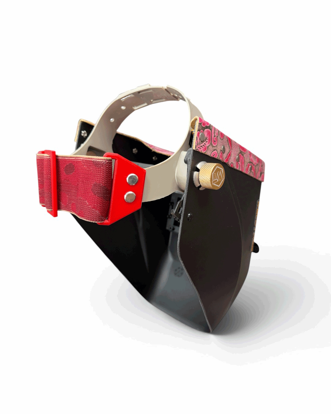 READY TO SHIP – LowPRO FLAMINGO Chopped Welding Helmet | Smoked Pink Floral Leather Top w/Alpha Strap