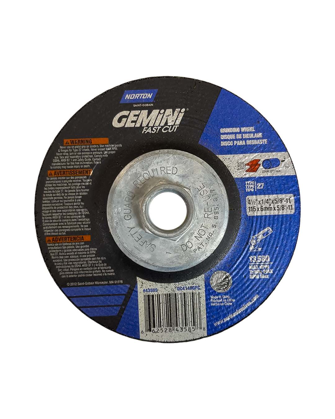 NORTON Gemini 4-1/2 X 1/4 X 5/8-11 Grinding Wheel With Threaded Hub