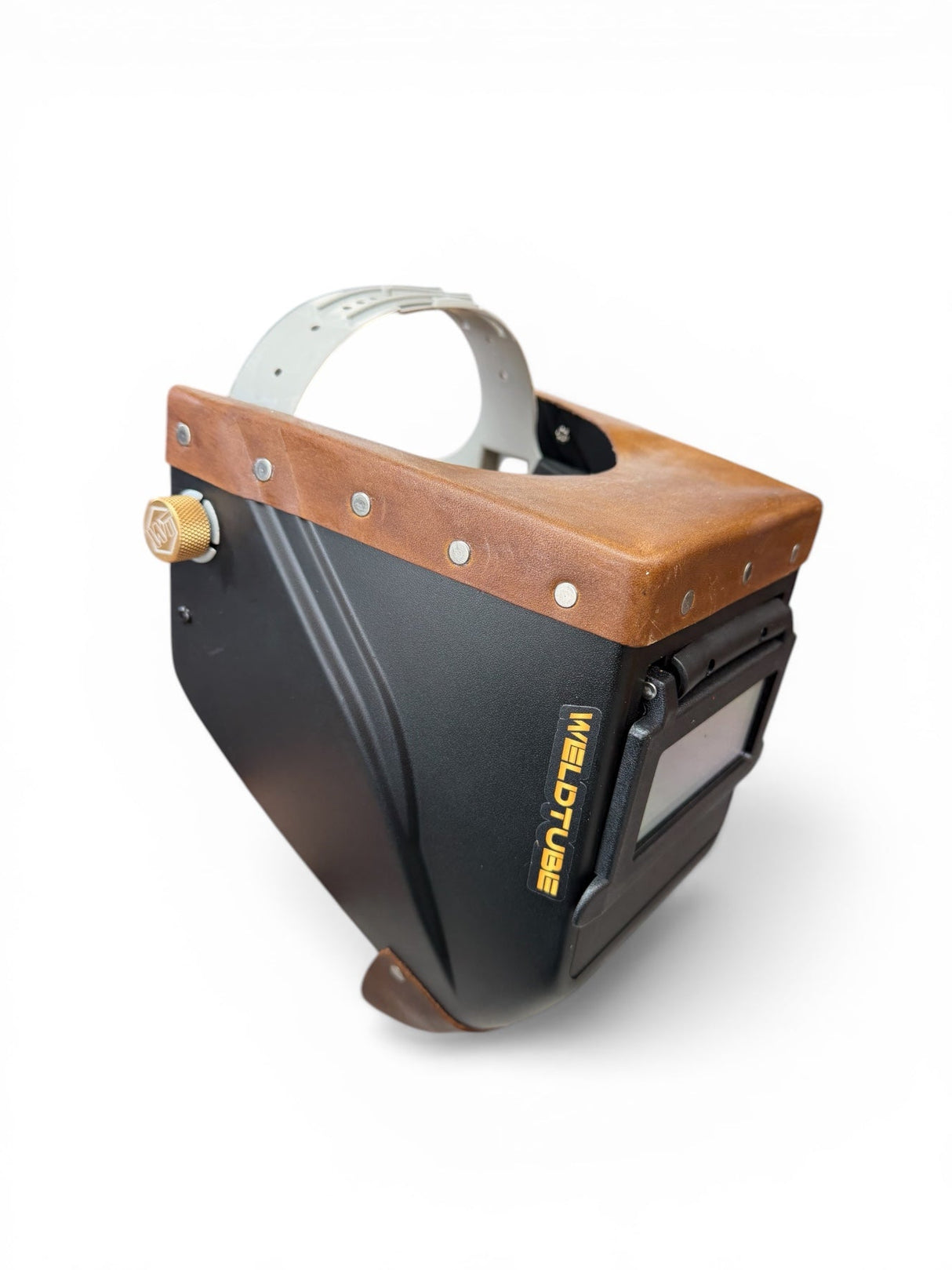 Chopped Leather Top LOWPRO Welding Helmet WITH FIBRE-METAL HEADGEAR, GOATEE BIB, Aluminum Fasteners & High Visibility HD Lens