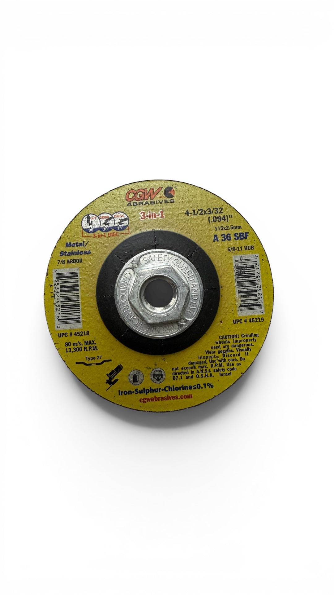 CGW ABRASIVES 3-in-1 Cut/Grind/Finish Wheel, 4-1/2 x 3/32, 36 Grit, 13300 RPM
