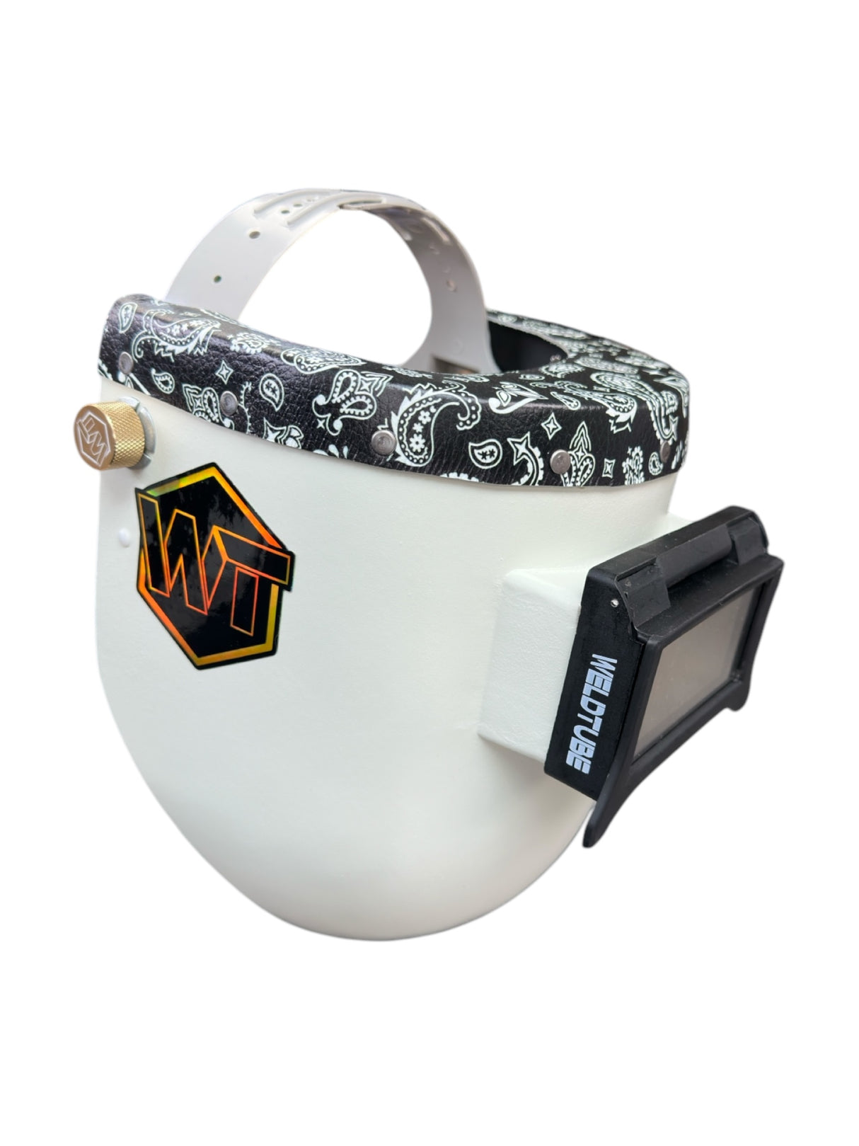 Chopped Leather Top PIPELINER Welding Helmet, MEDIUM CUT Bottom with Aluminum Fasteners & High Visibility Lens