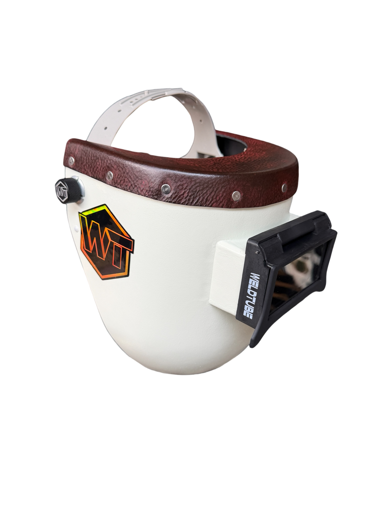 READY TO SHIP - Chopped Oxblood Leather Top PIPELINER Welding Helmet, SLIM CUT w/Flip-Front Adapter