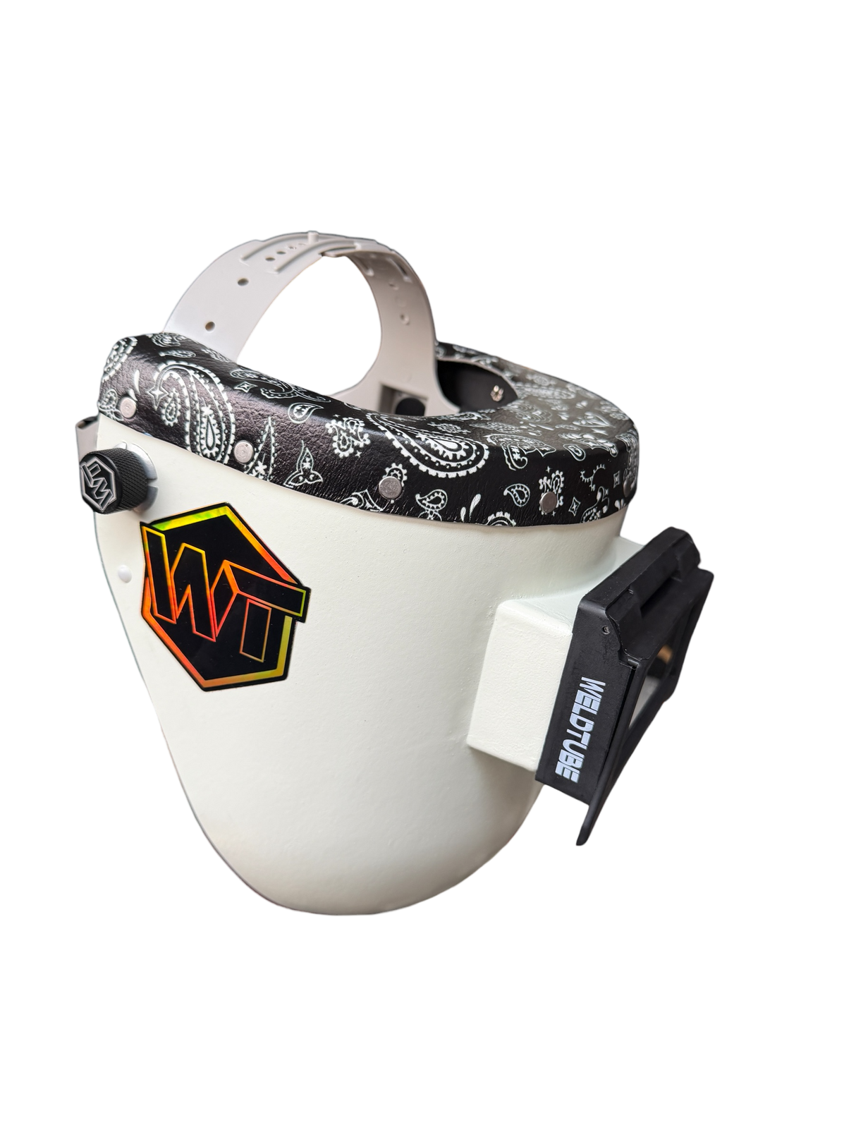 READY TO SHIP – Slim Chopped Pipeliner Welding Hood | Paisley Black Leather Top w/Flip-Front Adapter