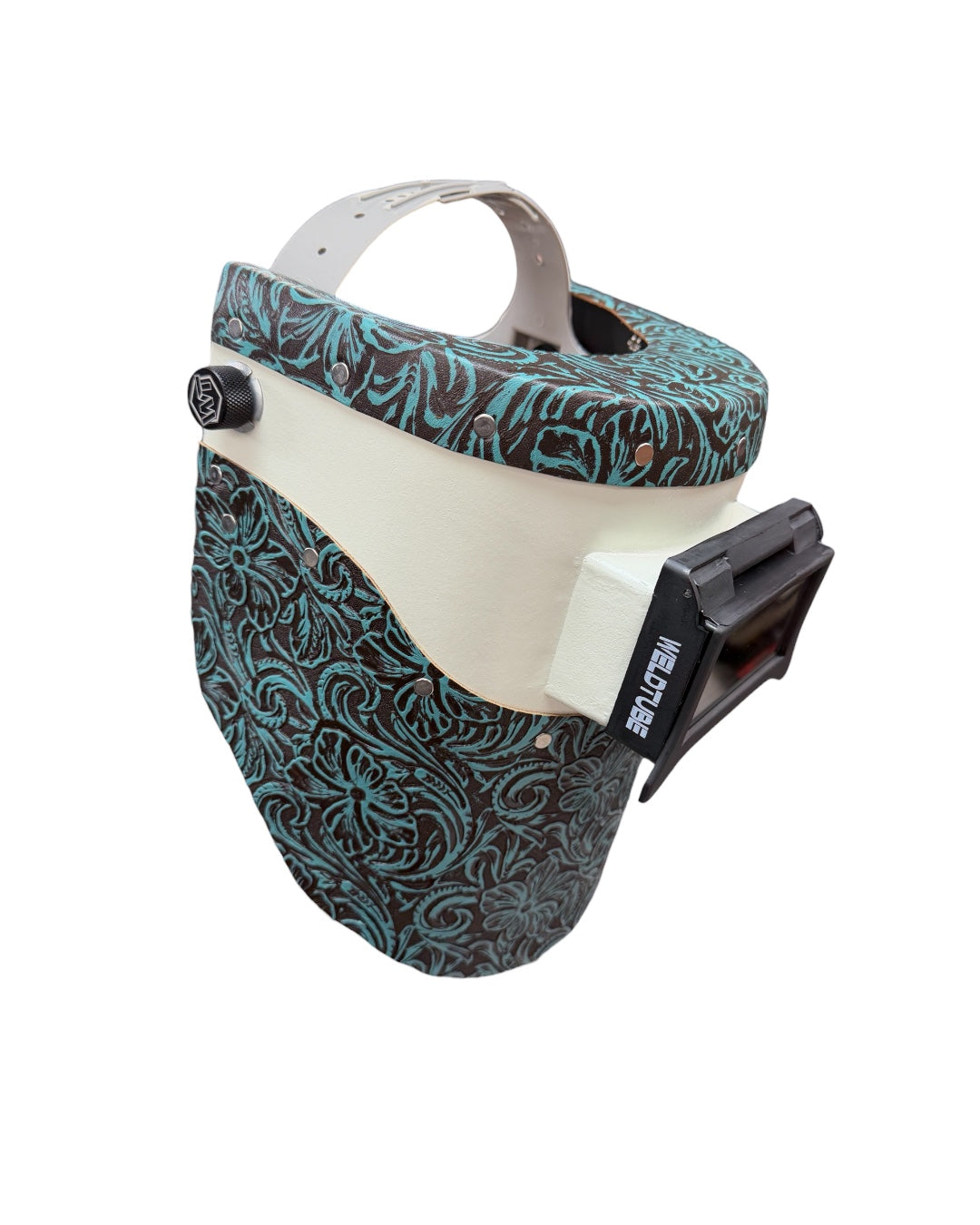 READY TO SHIP - Chopped Teal Black Floral Leather Top/Bottom PIPELINER Welding Helmet w/Flip-Front Adapter