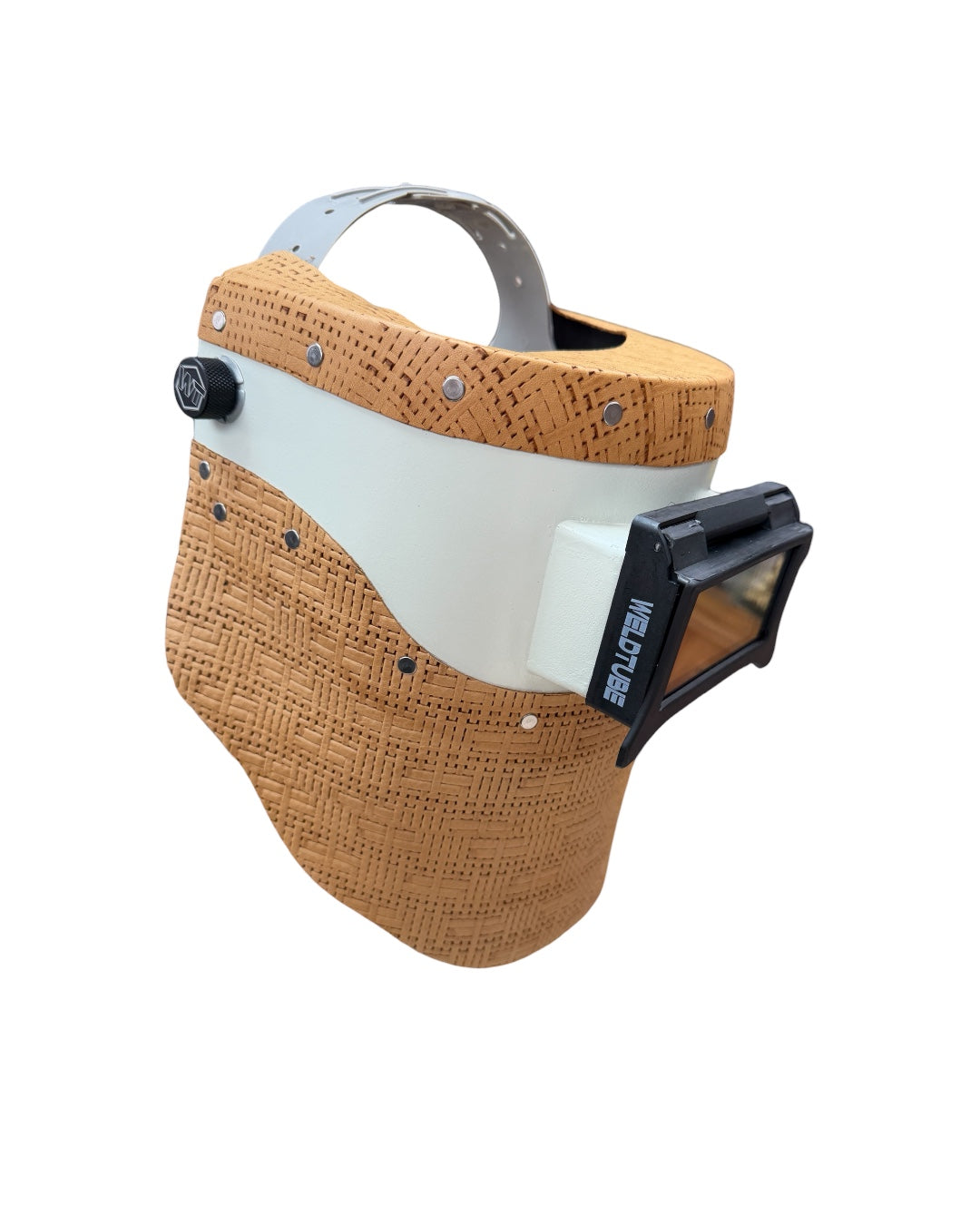 READY TO SHIP - Chopped Basketweave Leather Top/Bottom PIPELINER Welding Helmet w/Flip-Front Adapter