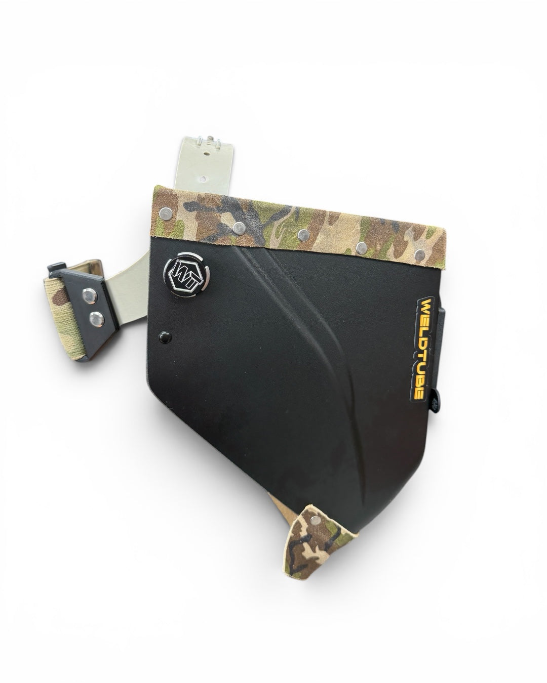 READY TO SHIP – LowPRO SOLO Chopped Welding Helmet | Camo Suede Leather Top & Goatee w/Alpha Strap
