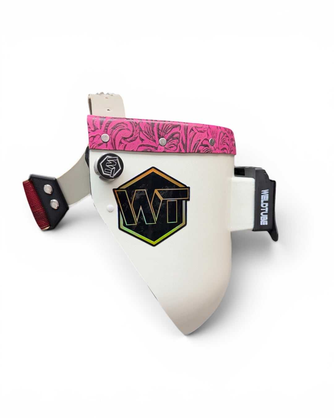 READY TO SHIP – Slim HOTLINE Chopped Pipeliner Welding Helmet | Hot Pink Floral Leather Top w/Alpha Strap and Flip-Front Adapter