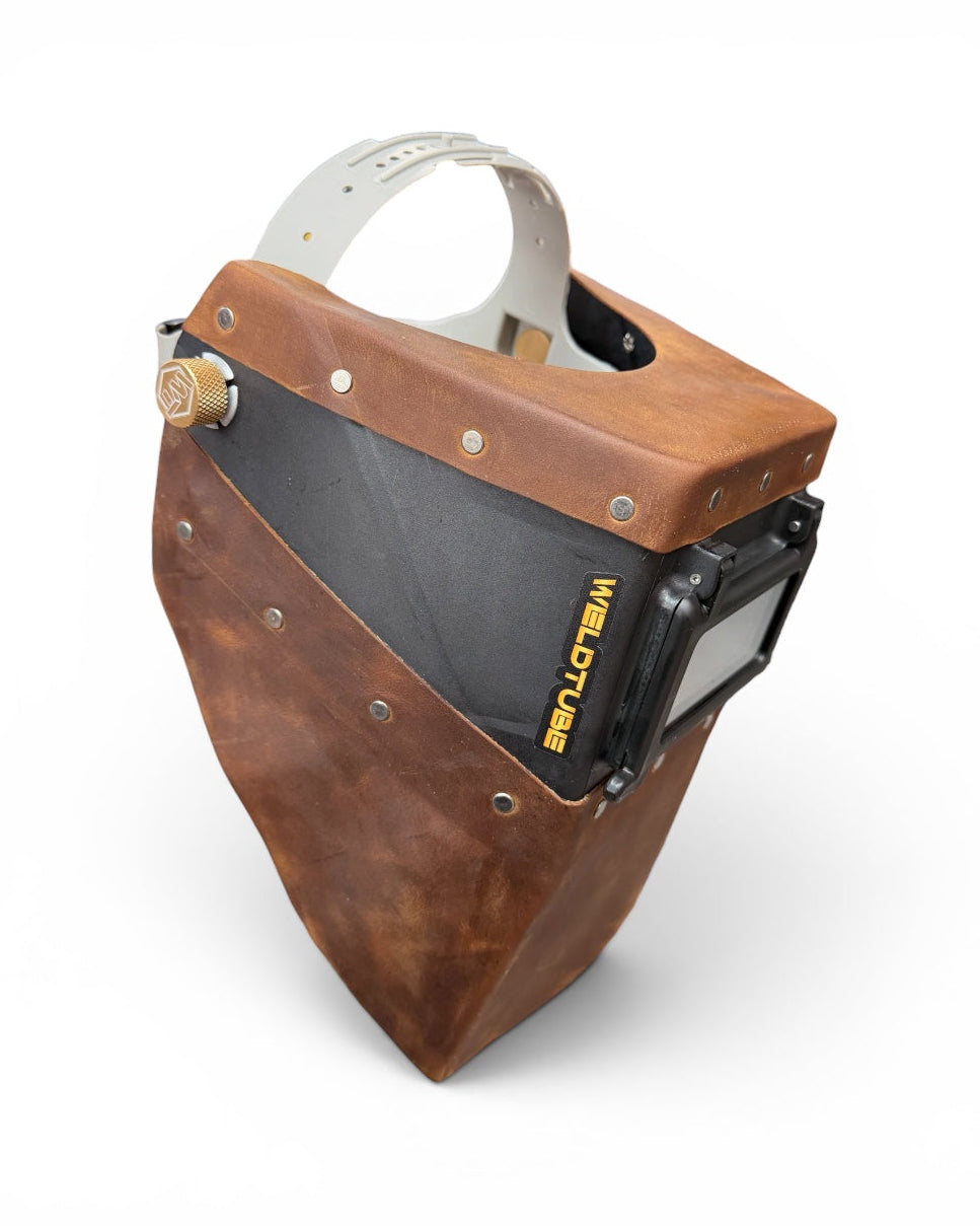 READY TO SHIP – Chopped Futura Welding Hood | Crazy Horse Leather Top/Bottom