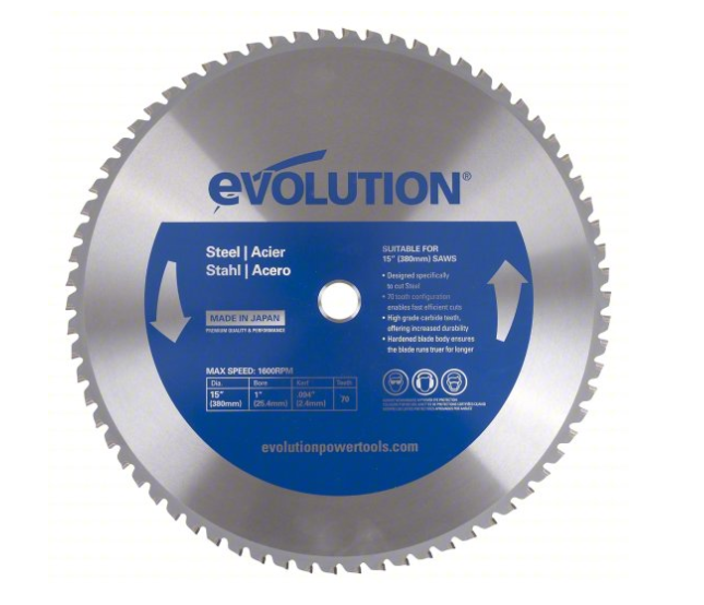 EVOLUTION Circular Saw Blade: 15 in Blade Dia., 70 Teeth, 0.09 in Cut Wd, 1 in Arbor Size, Carbide