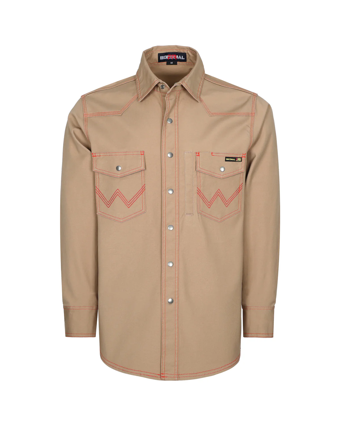 BOCOMAL Flame Resistant (FR) Heavyweight Shirt, 98% Cotton and 2% Spandex, Khaki Color With Orange Stitching