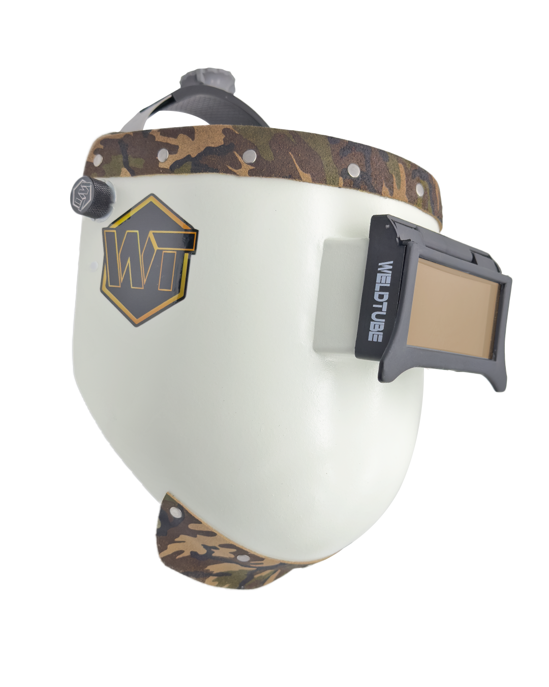 Chopped Leather Top PIPELINER Welding Helmet, MEDIUM CUT Bottom with GOATEE BIB, Aluminum Fasteners & High Visibility Lens