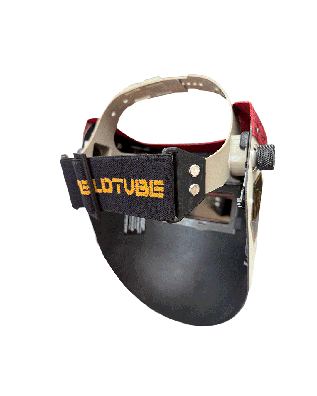 READY TO SHIP – Slim CHERRY F. Chopped Pipeliner Welding Helmet | Cherry Red Floral Leather Top w/Alpha Strap Headgear and Flip-Front Adapter