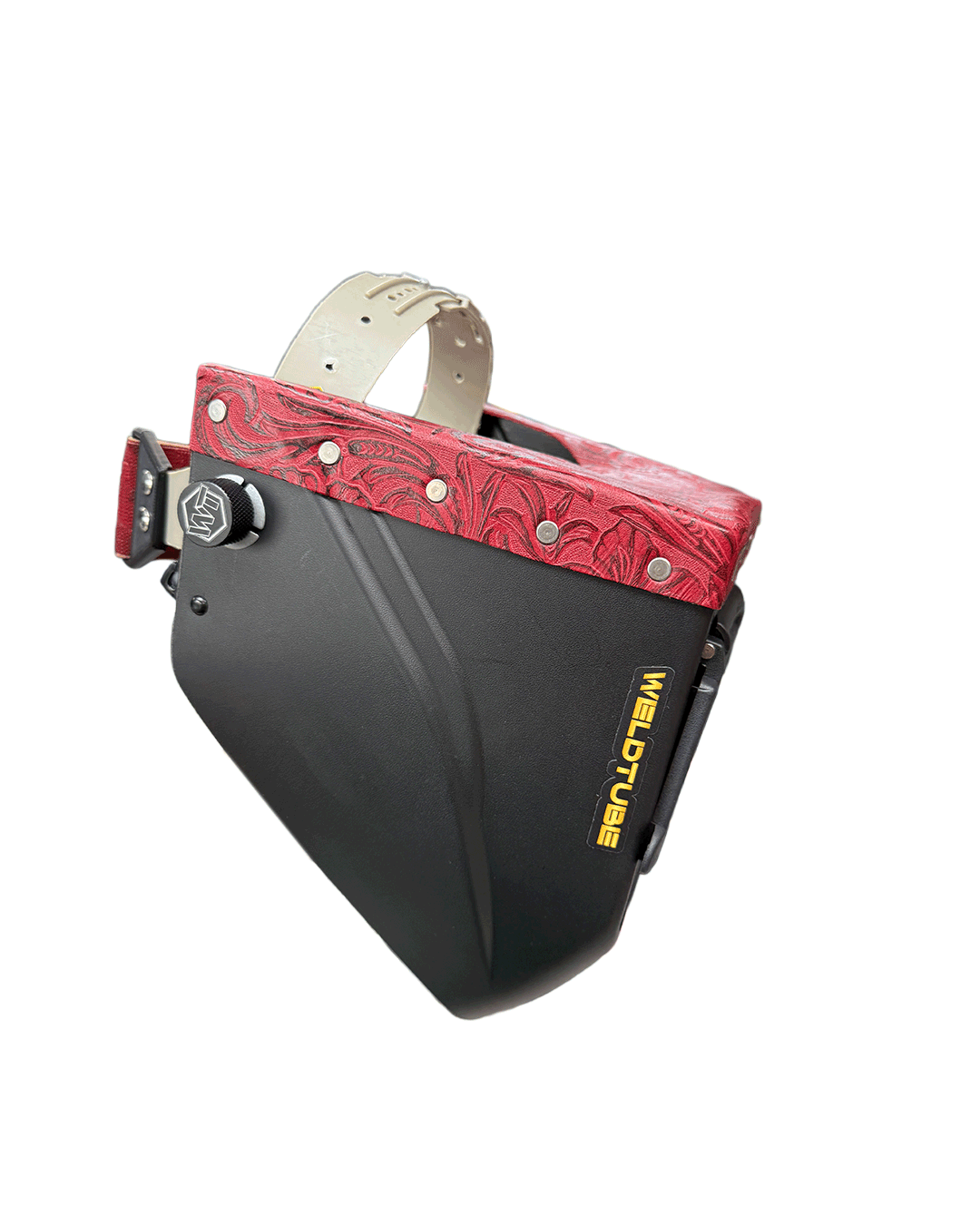 READY TO SHIP – LowPRO REDRUM Chopped Welding Helmet | Cherry Red Floral Leather Top w/Alpha Strap