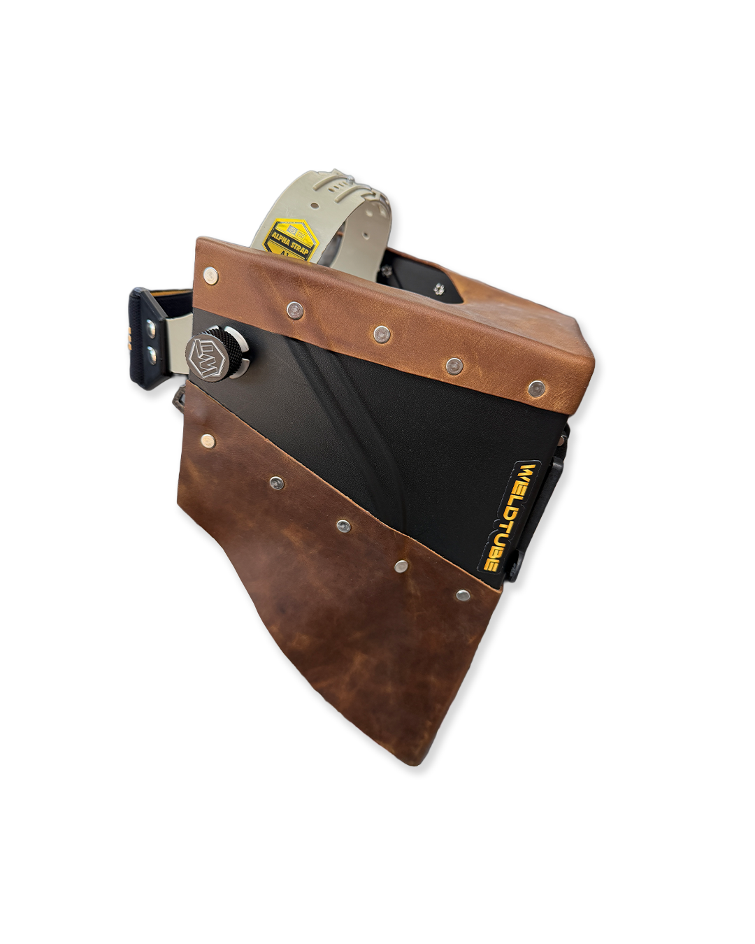 READY TO SHIP – LowPRO CRAZY HORSE Chopped Welding Helmet | Brown Leather Top & Bottom w/Weldtube Alpha Strap Headgear
