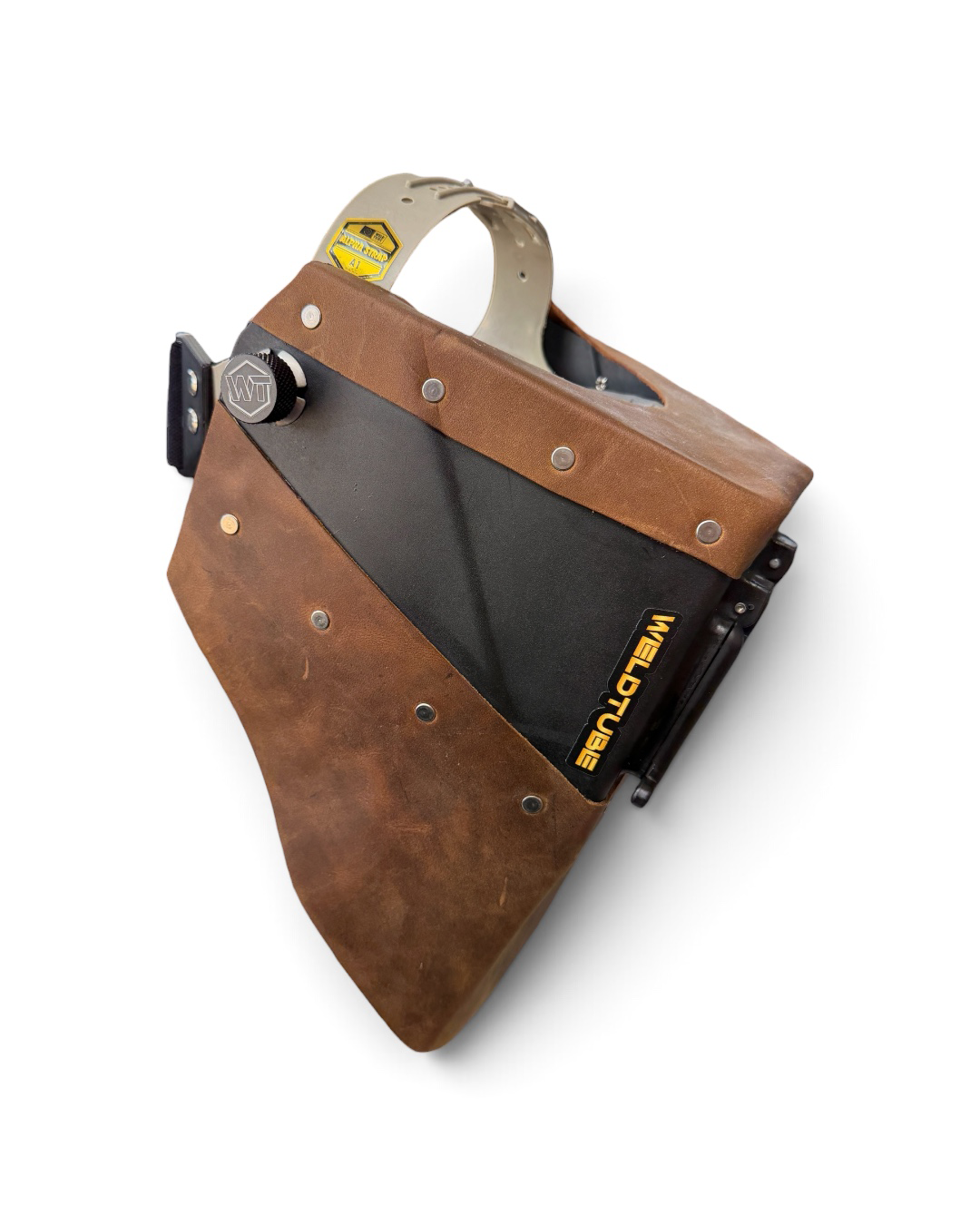 READY TO SHIP – Chopped Futura MAVERICK Welding Hood | Crazy Horse Leather Top/Bottom w/Weldtube Strap Headgear