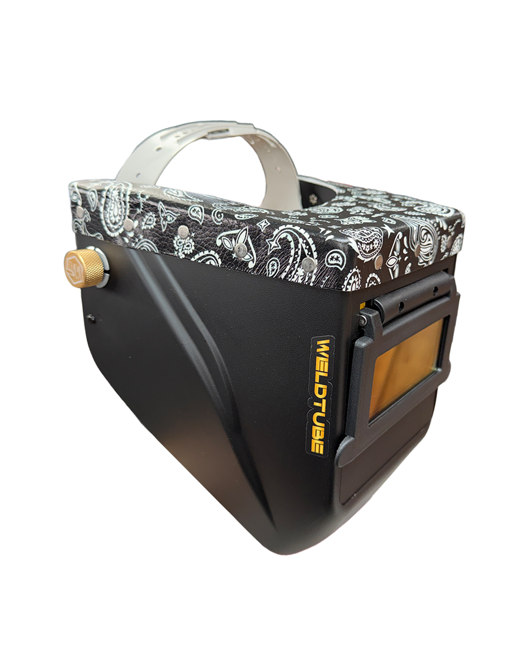 READY TO SHIP - Chopped Black Paisley Leather Top LOWPRO Welding Helmet