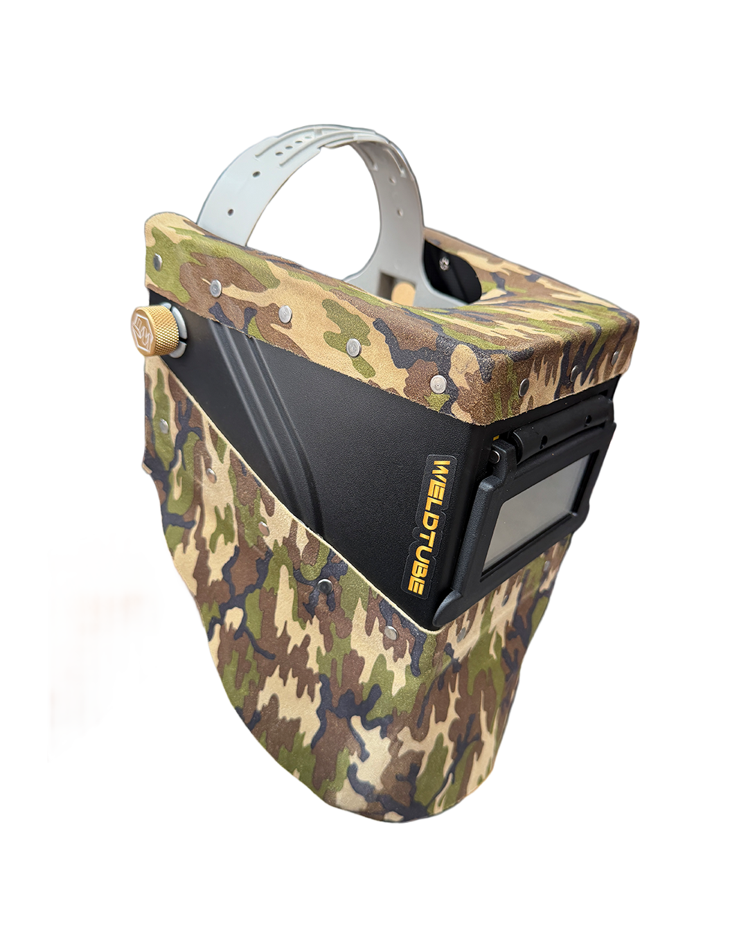 READY TO SHIP – LowPRO Chopped Welding Helmet | Camo Suede Leather Top & Bottom