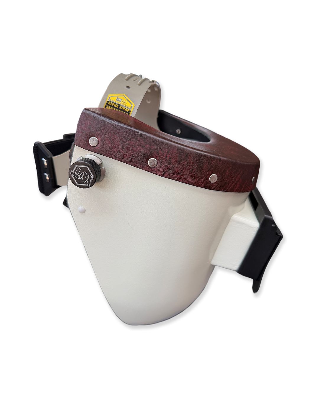READY TO SHIP – Slim OxBLOOD F. Chopped Pipeliner Welding Helmet | Oxblood Leather Top w/Weldtube Alpha Strap Headgear and Flip-Front Adapter