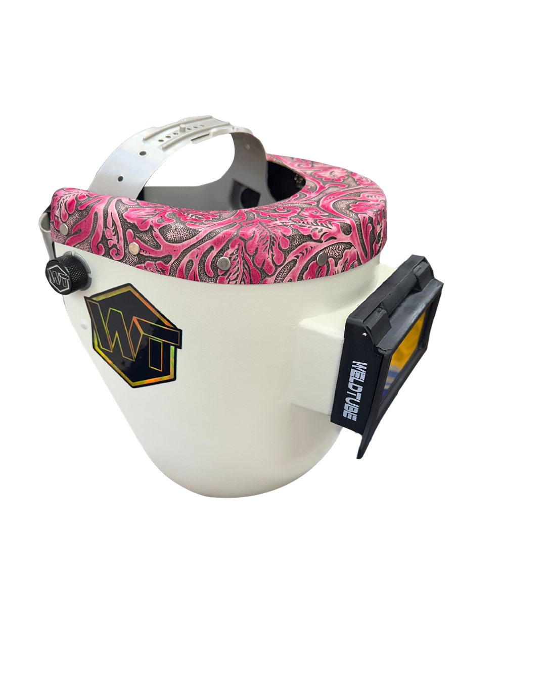 Chopped Leather Top PIPELINER Welding Helmet, SLIM CUT Bottom with Aluminum Fasteners & High Visibility HD Lens