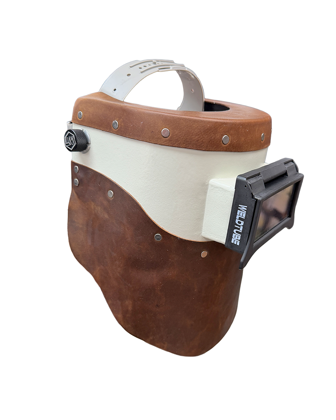 READY TO SHIP - Chopped Brown Leather Top/Bottom PIPELINER Welding Helmet w/Flip-Front Adapter
