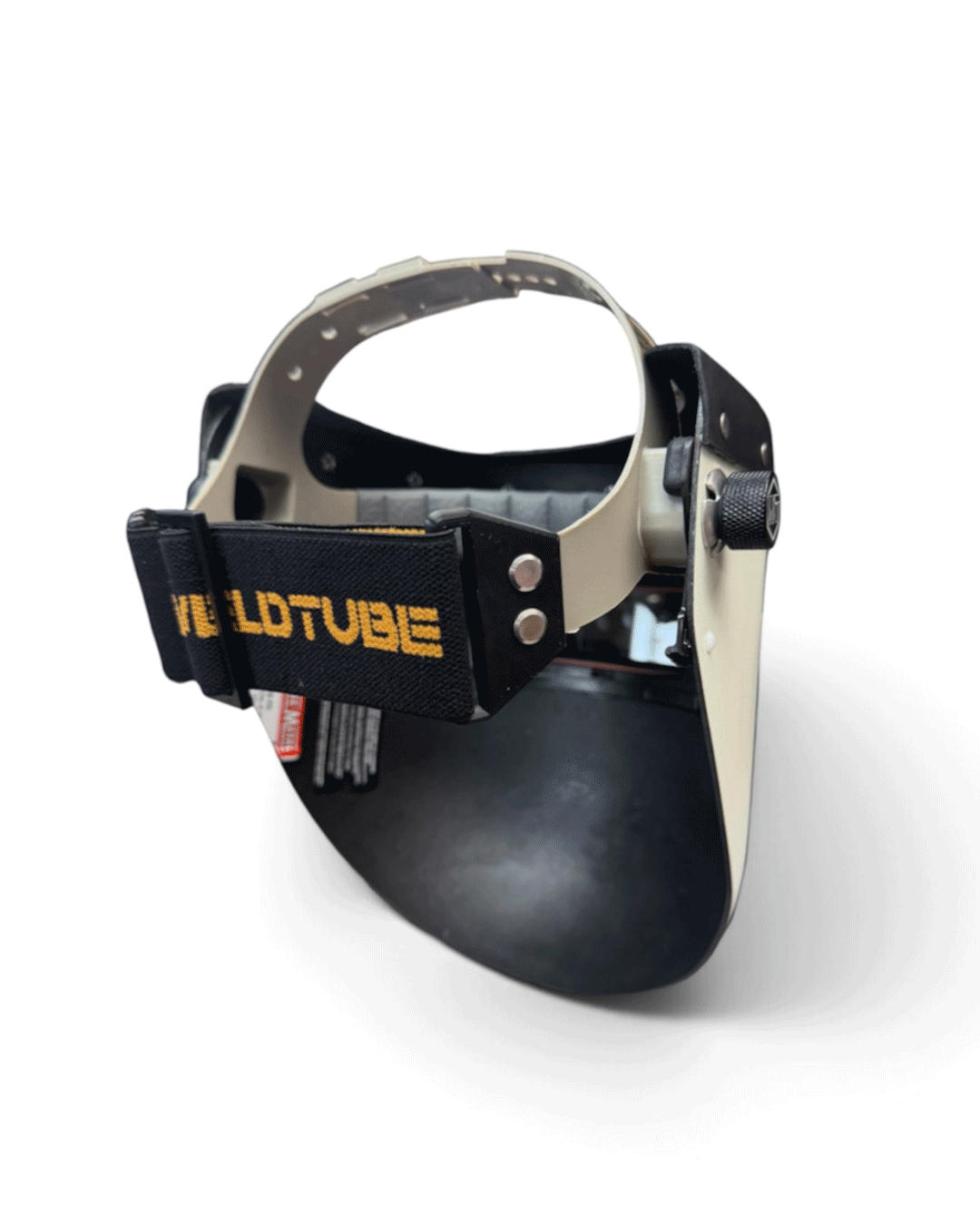 READY TO SHIP – Slim LOCUS F. Chopped Pipeliner Welding Helmet | Black Leather Top w/Weldtube Alpha Strap Headgear and Flip-Front Adapter