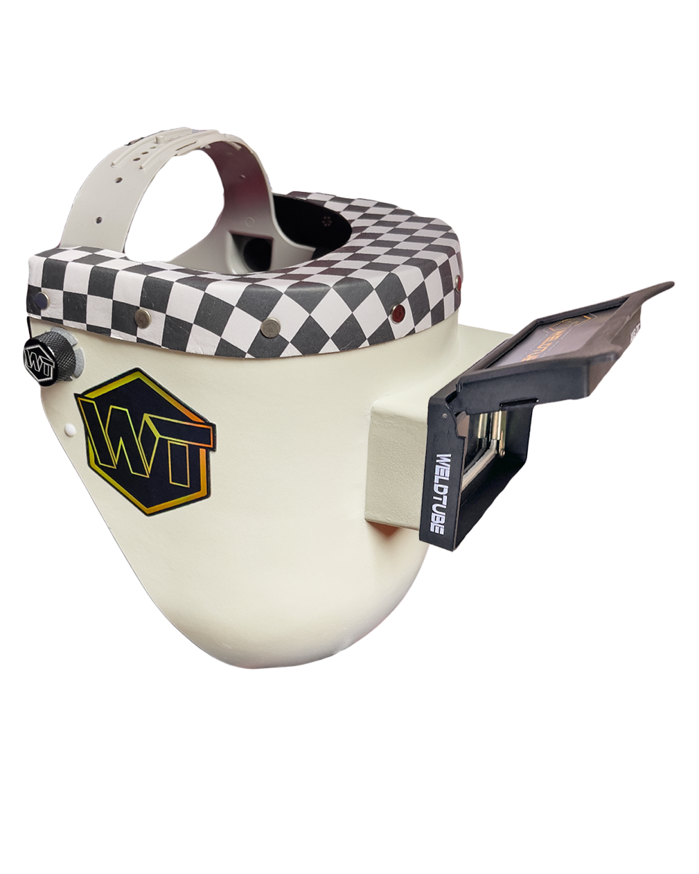 READY TO SHIP – Slim Chopped Pipeliner Welding Hood | Checkered Leather Top w/Flip-Front Adapter