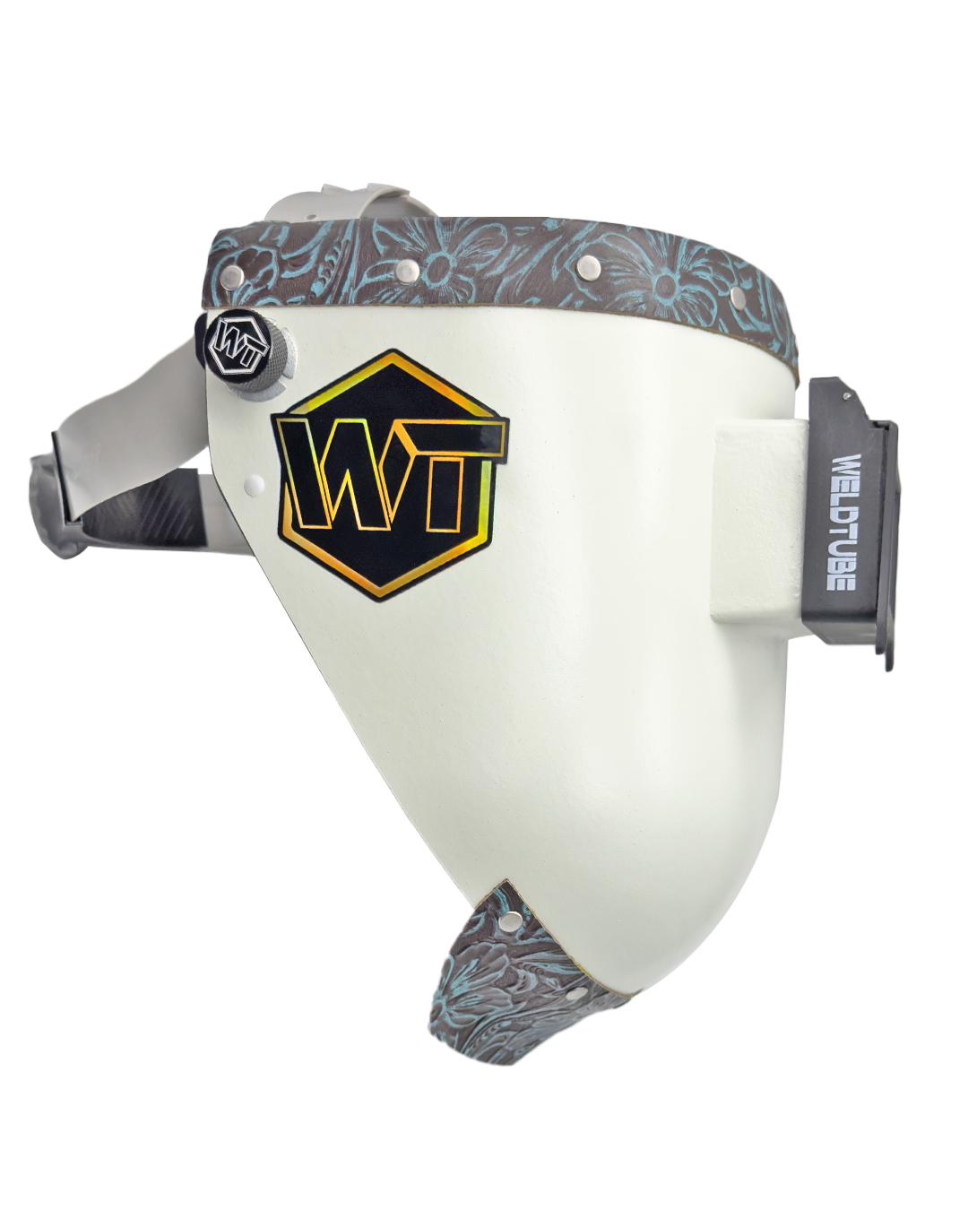 Chopped Leather Top PIPELINER Welding Helmet, SLIM CUT Bottom with GOATEE BIB, Aluminum Fasteners & High Visibility Lens