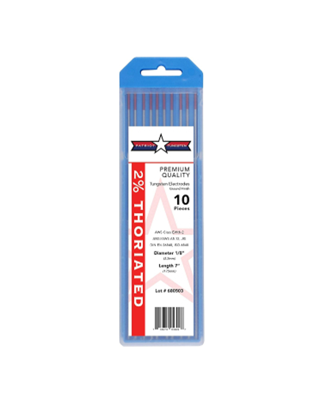 PATRIOT TUNGSTEN 2% Thoriated Tungsten, 1/8 in x 7 in, 10 PK