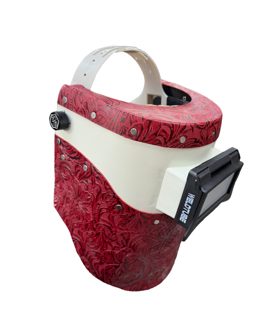 READY TO SHIP – Chopped Leather PIPELINER Welding Helmet | Cherry Red Floral Top & Bottom