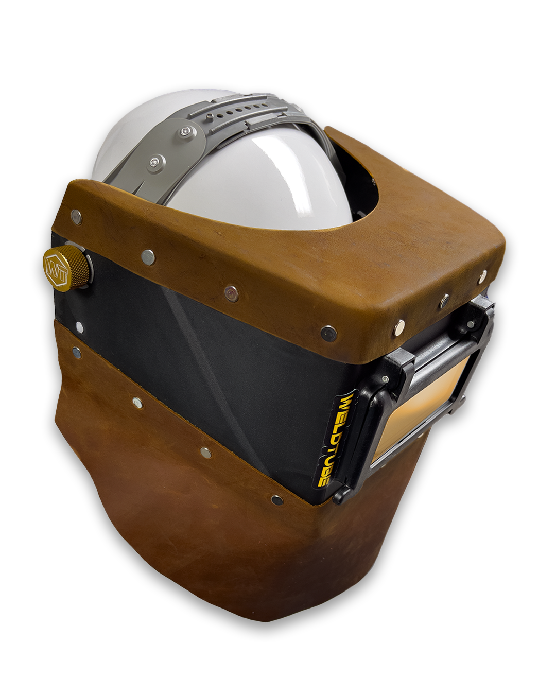 Chopped Leather Top/Bottom FUTURA Welding Helmet with Aluminum Fasteners & High Visibility HD Lens