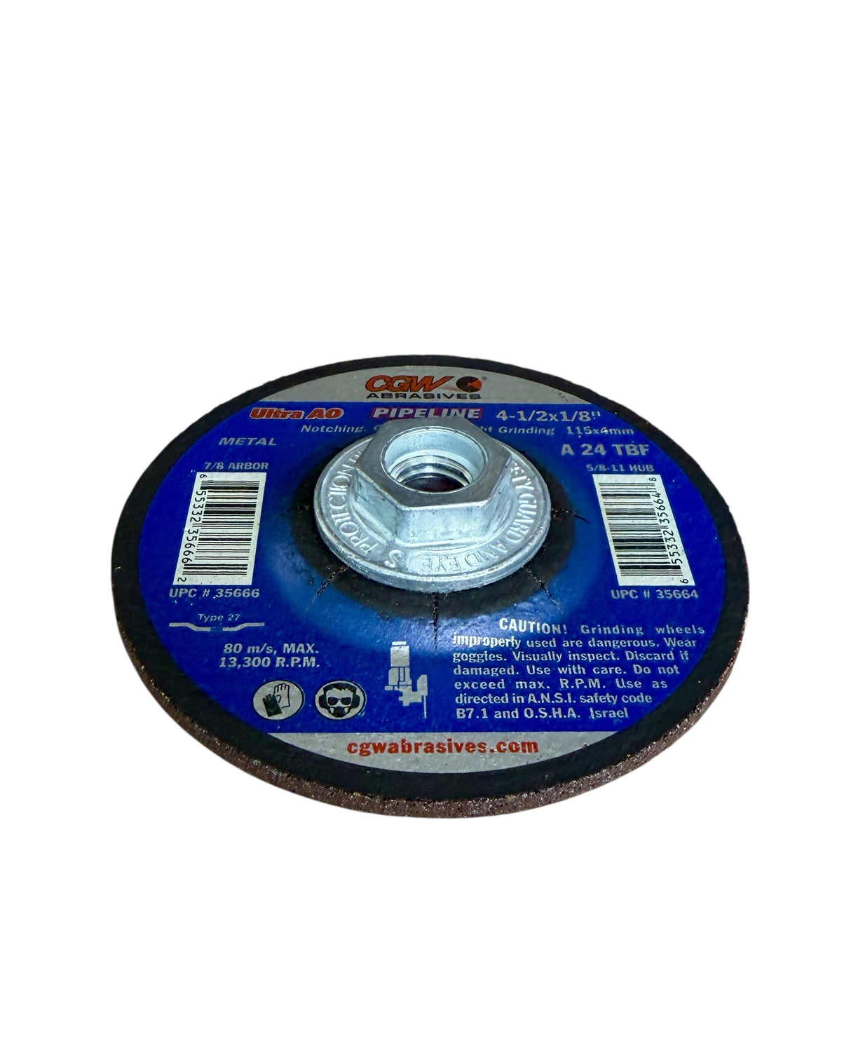CGW ABRASIVES 4-1/2 X 1/8 X 5/8-11 Grinding Wheel With Threaded Hub