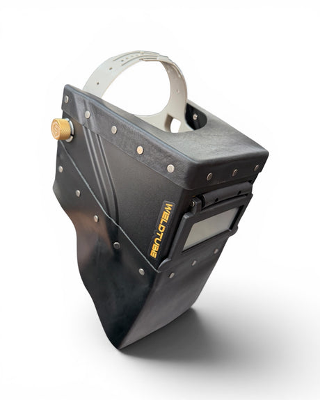 Chopped Leather Top/Bottom LOWPRO Welding Helmet WITH FIBRE-METAL HEADGEAR, Aluminum Fasteners & High Visibility HD Lens