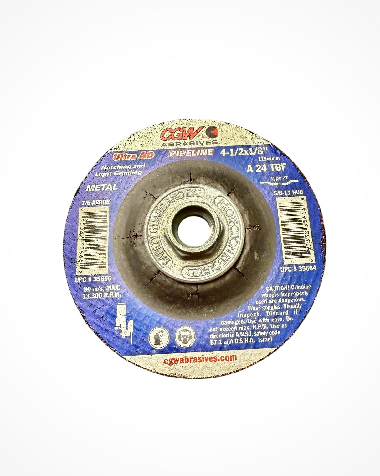 CGW ABRASIVES 4-1/2 X 1/8 X 5/8-11 Grinding Wheel With Threaded Hub
