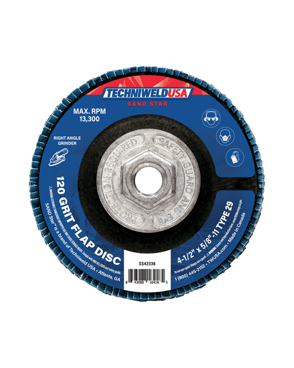 SAND STAR Flap Disc, 4-1/2 in dia, 120 Grit, 5/8 in-11, With Threaded Hub
