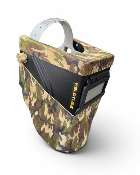 Chopped Leather Top/Bottom LOWPRO Welding Helmet WITH FIBRE-METAL HEADGEAR, Aluminum Fasteners & High Visibility HD Lens