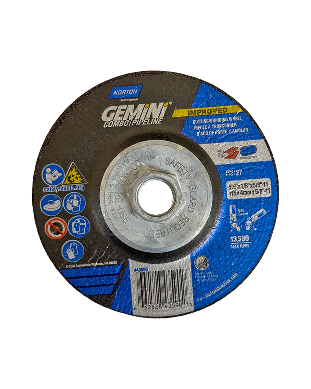 NORTON GEMINI 4-1/2 X 1/8 X 5/8-11 Grinding Wheel With Threaded Hub