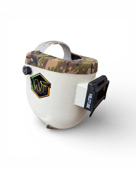 Chopped Leather Top PIPELINER Welding Helmet, MEDIUM CUT Bottom with GOATEE BIB, Aluminum Fasteners & High Visibility Lens