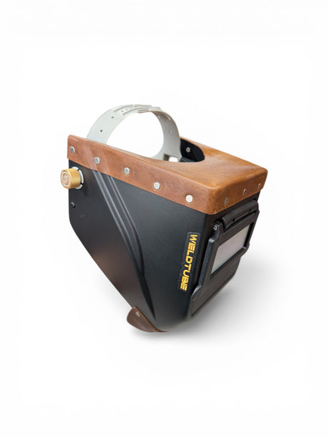 Chopped Leather Top LOWPRO Welding Helmet WITH FIBRE-METAL HEADGEAR, GOATEE BIB, Aluminum Fasteners & High Visibility HD Lens
