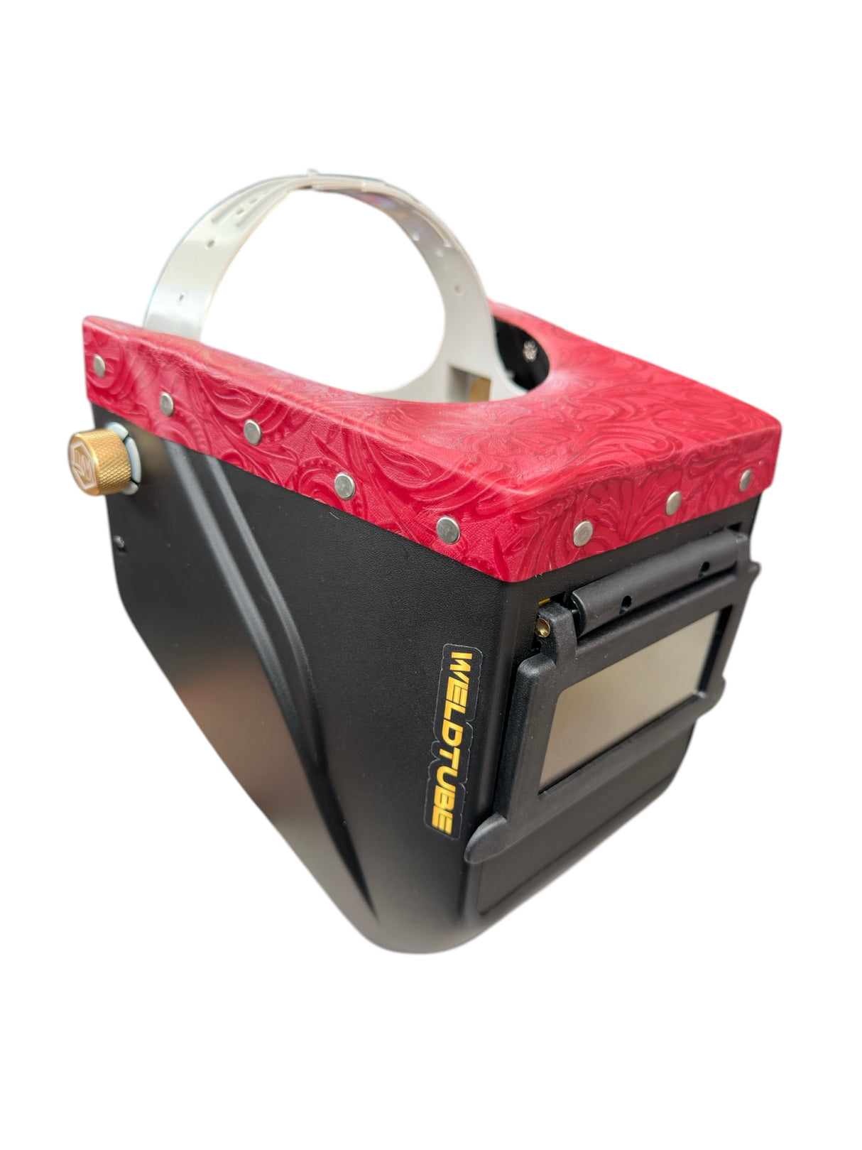 READY TO SHIP - Chopped Cherry Red Leather Top LOWPRO Welding Helmet
