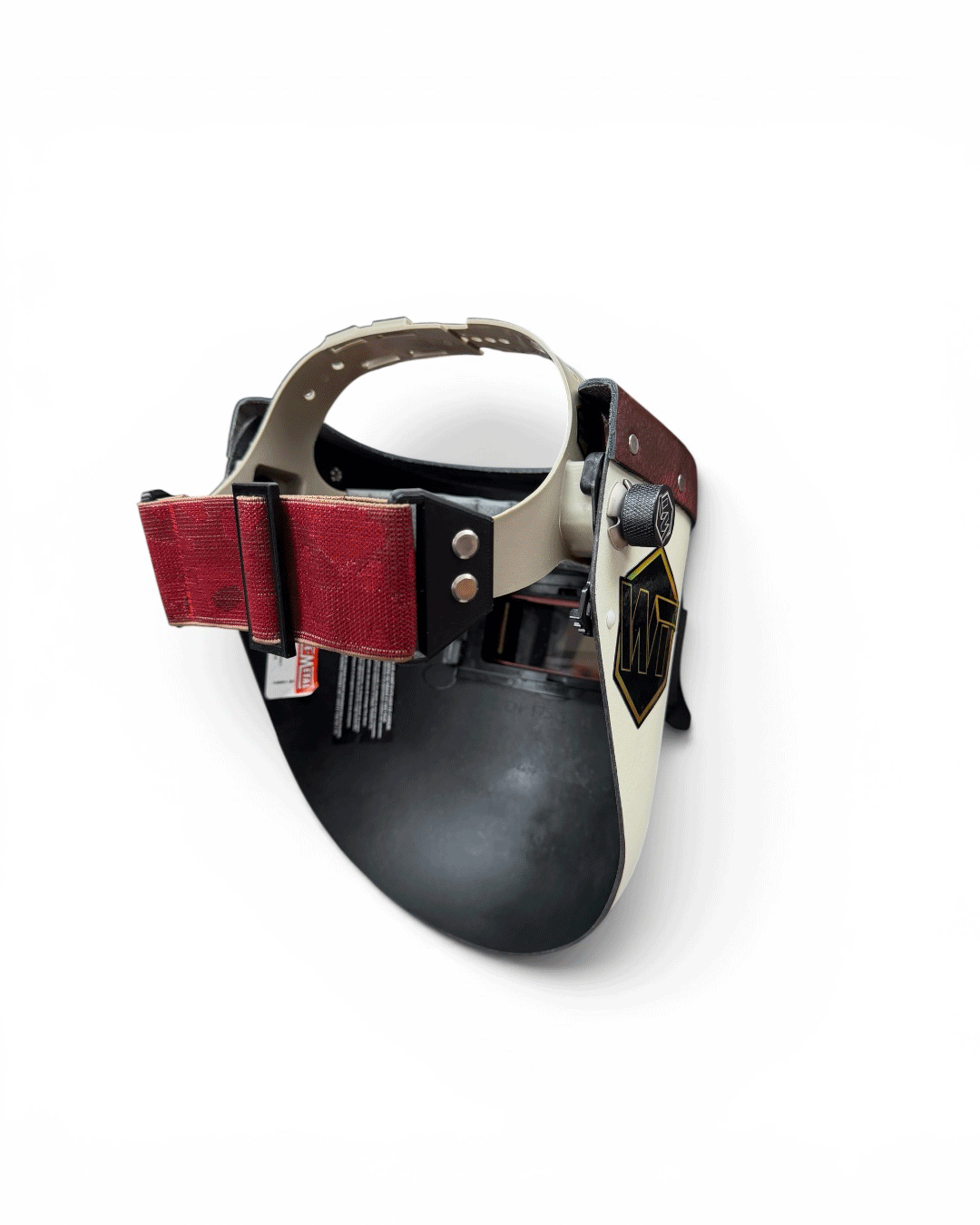 READY TO SHIP – Slim OxBLOOD F. Chopped Pipeliner Welding Helmet | Oxblood Leather Top w/Alpha Strap Headgear and Flip-Front Adapter