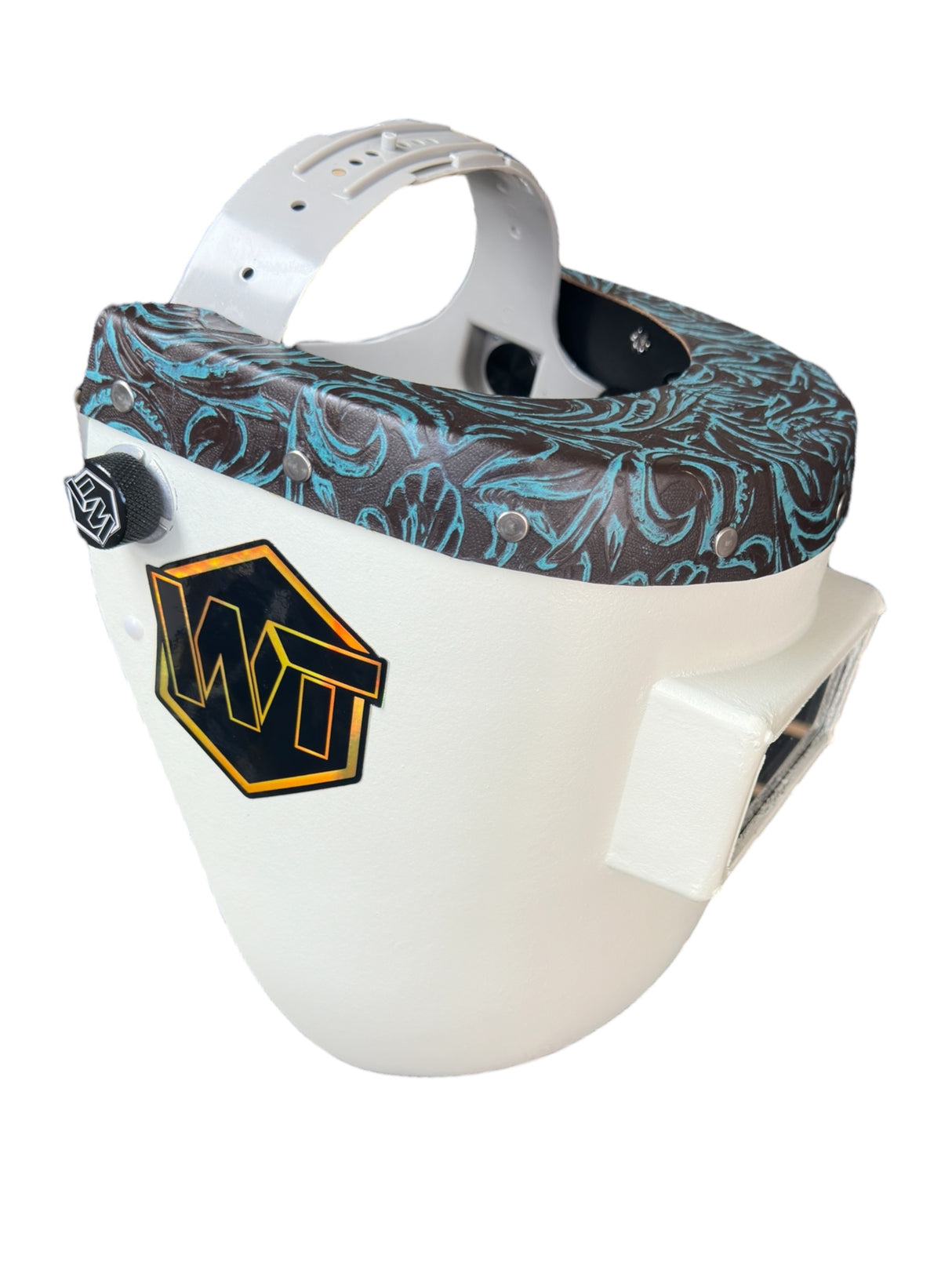 READY TO SHIP - Chopped Teal Black Floral Leather Top PIPELINER Welding Helmet, SLIM CUT