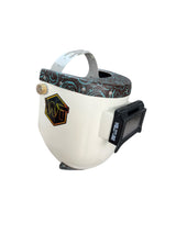 Chopped Leather Top PIPELINER Welding Helmet, MEDIUM CUT Bottom with GOATEE BIB, Aluminum Fasteners & High Visibility Lens