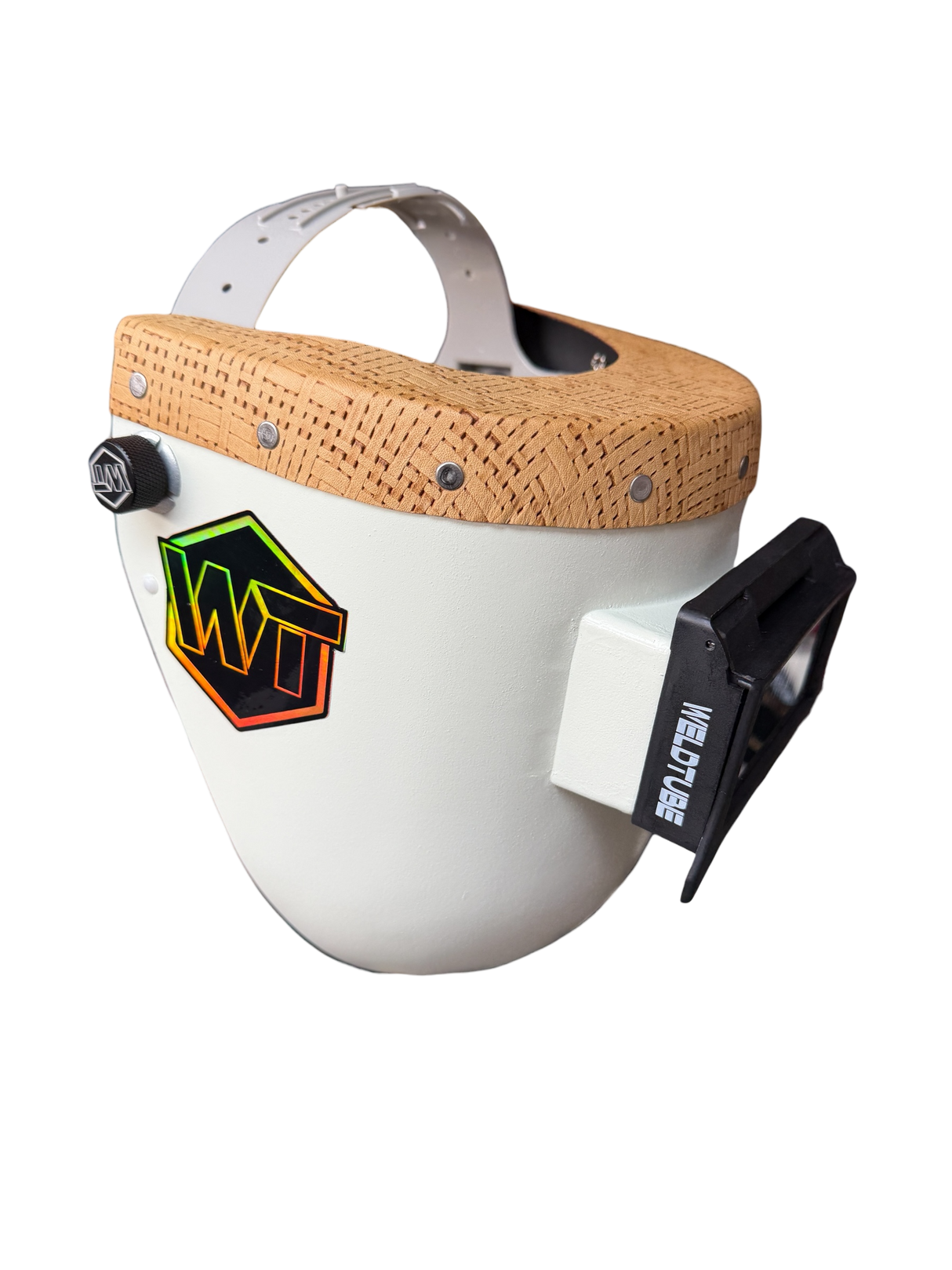READY TO SHIP - Chopped Basketweave Leather Top PIPELINER Welding Helmet, SLIM CUT w/Flip-Front Adapter