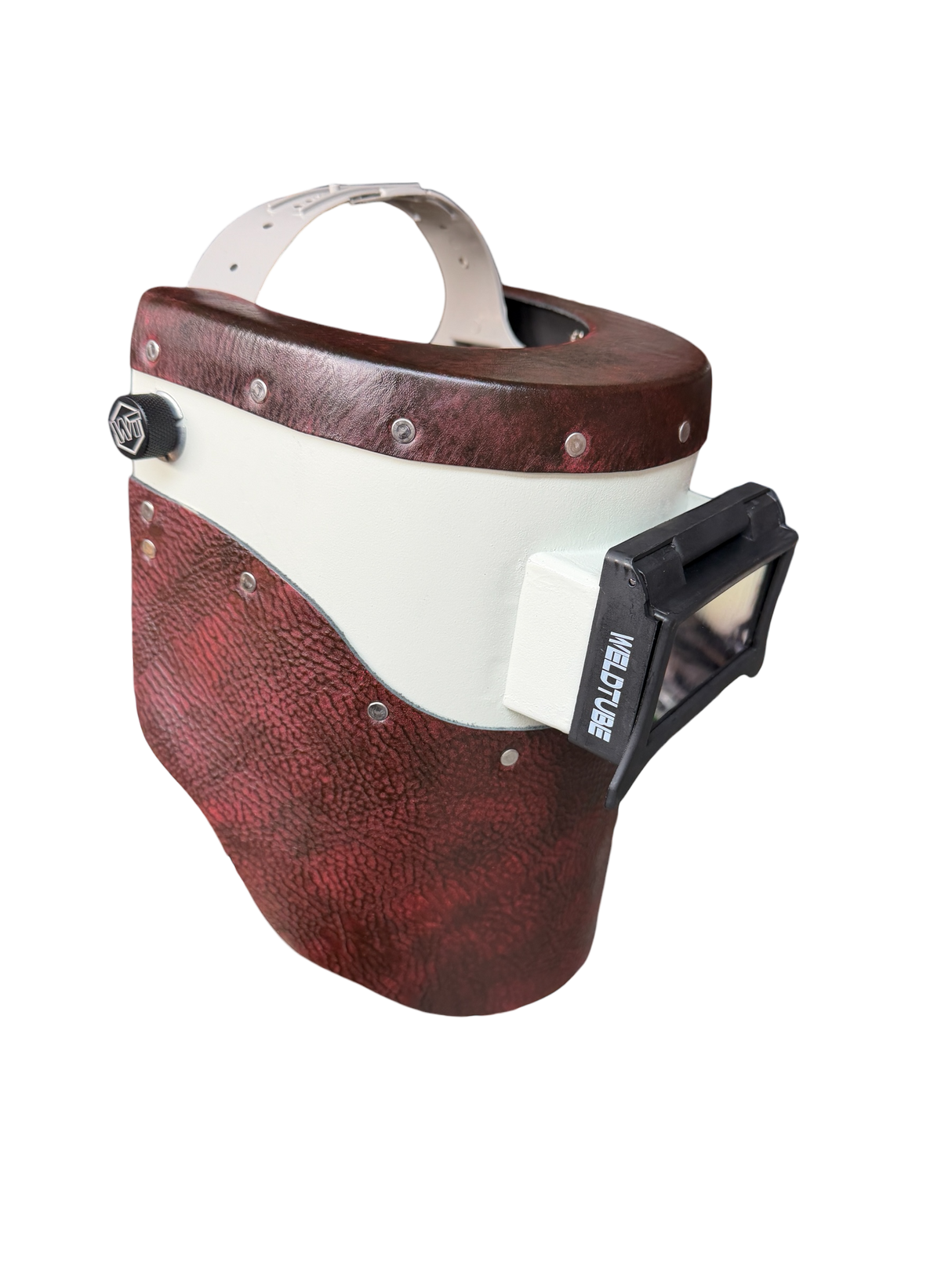 READY TO SHIP - Chopped Oxblood Leather Top/Bottom PIPELINER Welding Helmet w/Flip-Front Adapter
