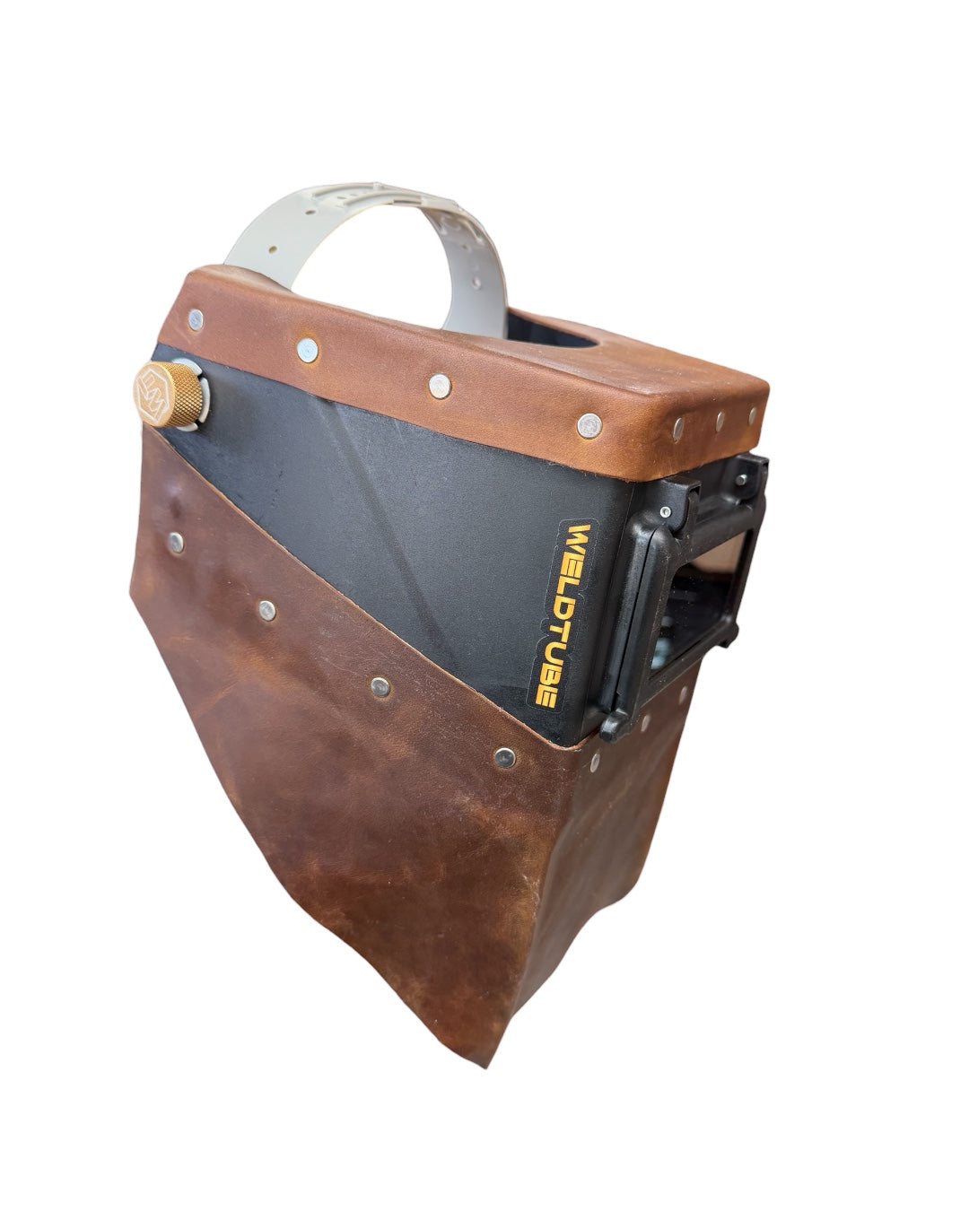 READY TO SHIP - Chopped Crazy Horse Brown Leather Top/Bottom FUTURA Welding Helmet with Aluminum Fasteners & High Visibility HD Lens