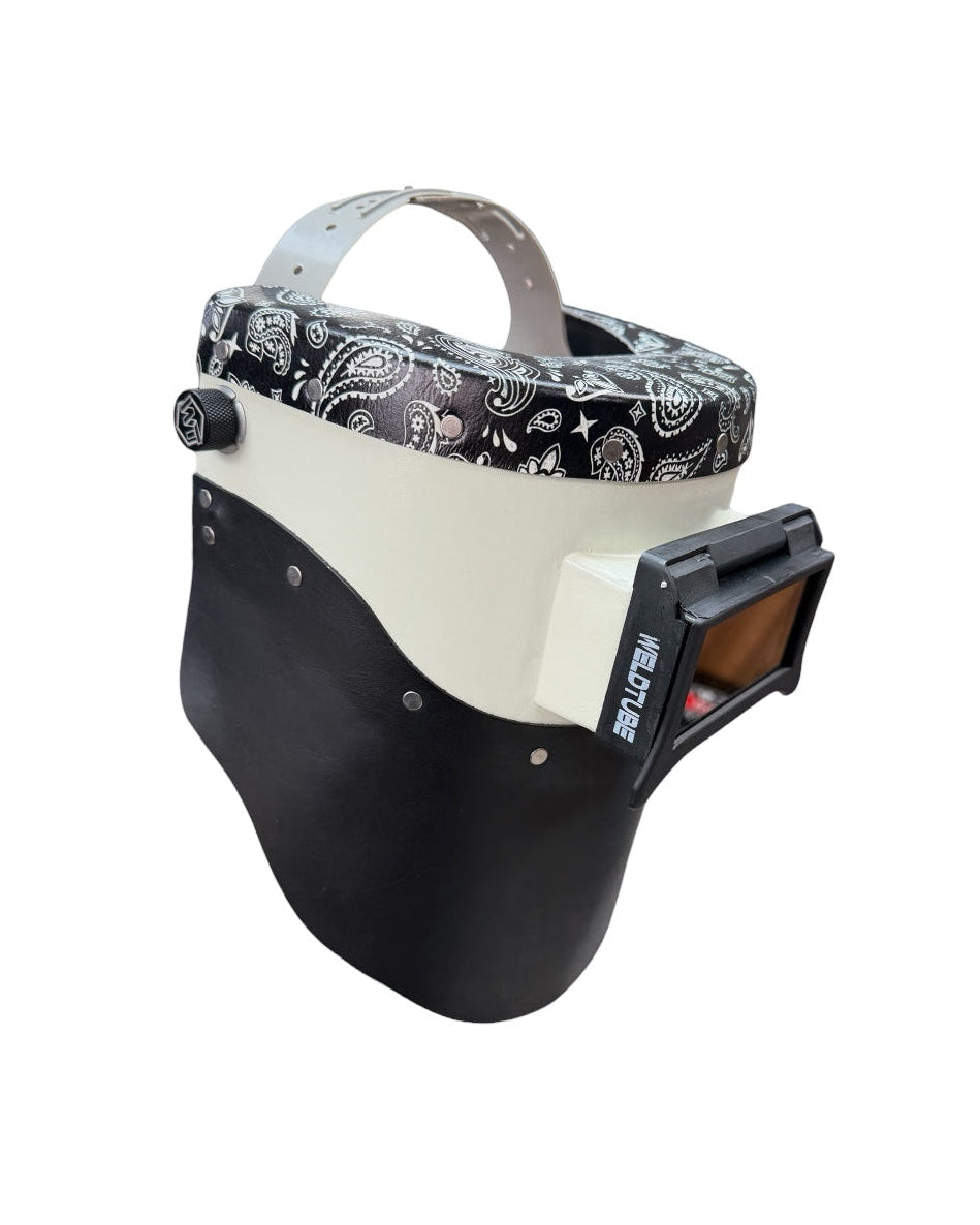 READY TO SHIP - Chopped Black Paisley Leather Top, Black Bottom PIPELINER Welding Helmet w/Flip-Front Adapter