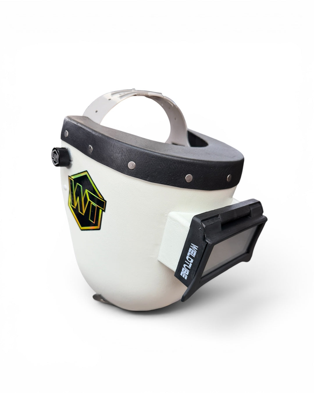 READY TO SHIP – Slim Chopped Pipeliner Welding Helmet | Black Leather Top & Goatee w/Flip-Front Adapter