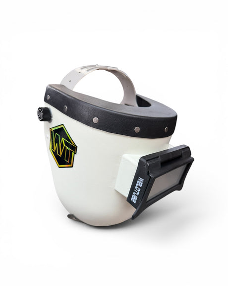 READY TO SHIP – Slim Chopped Pipeliner Welding Helmet | Black Leather Top & Goatee w/Flip-Front Adapter